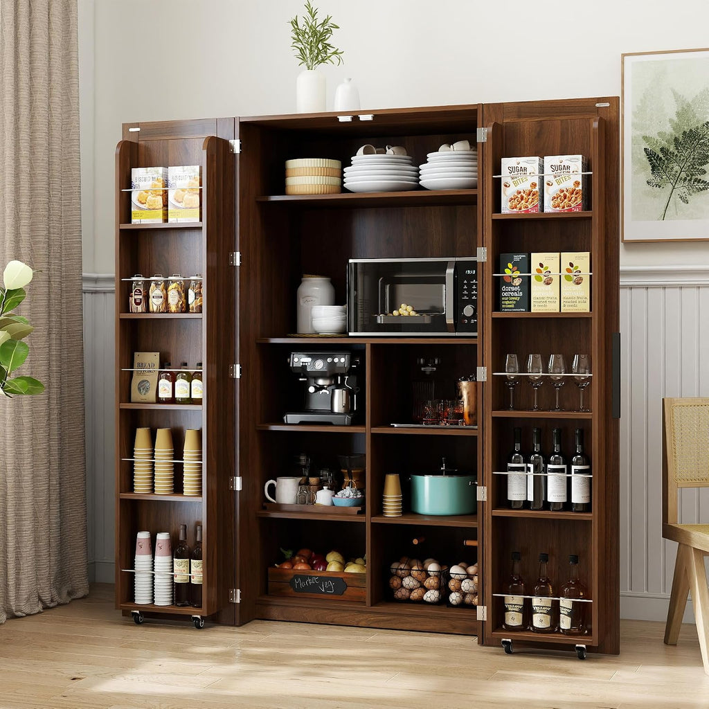62.8" Tall Freestanding Kitchen Pantry Cabinet Farmhouse Buffet Cupboard Sideboard with Refrigerator-Style Door Storage Doors Walnut for Living Room Dining Room