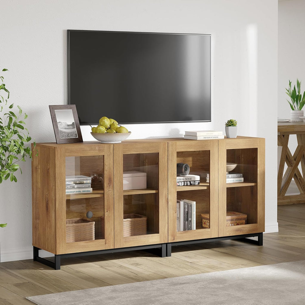 WAMPAT Sideboard Buffet Cabinets, Modern Credenza Sideboard with Adjustable Shelf and Metal Base, Coffee Bar Cabinet Accent Storage Cabinet for Living Room, Kitchen, Oak-A, 2 Pcs