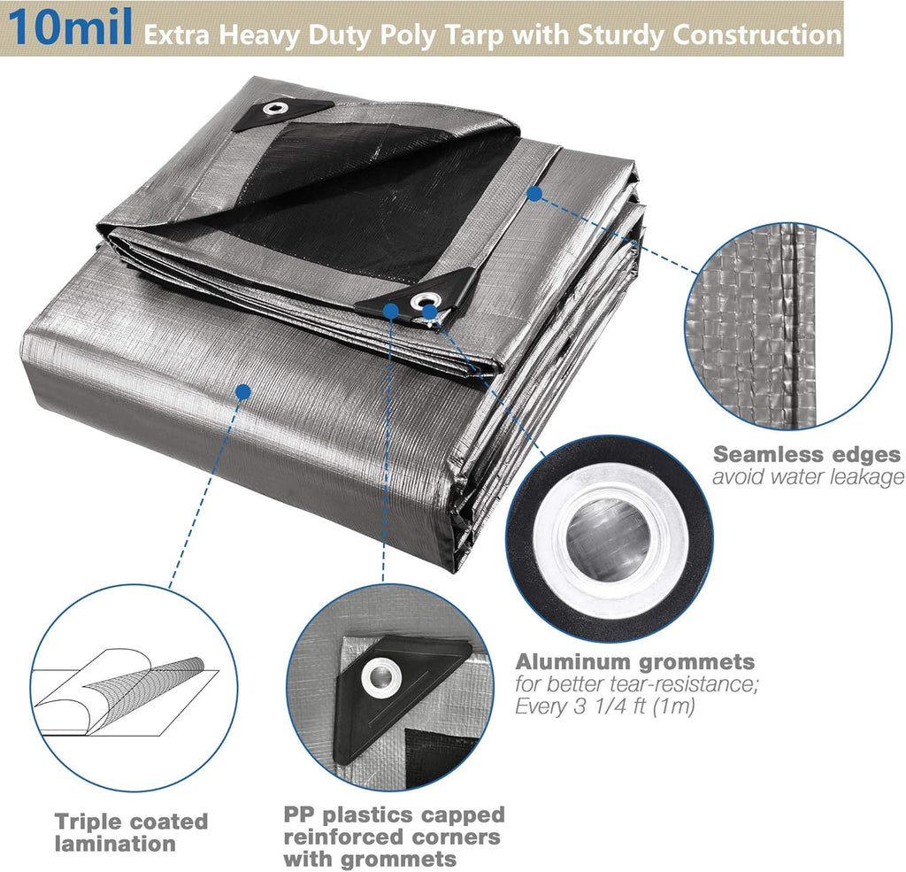 Yescom 16x20 Ft 10 Mil Poly Tarp Protective Cover Tarpaulin Heavy Duty Reversible Silver Black Tarps