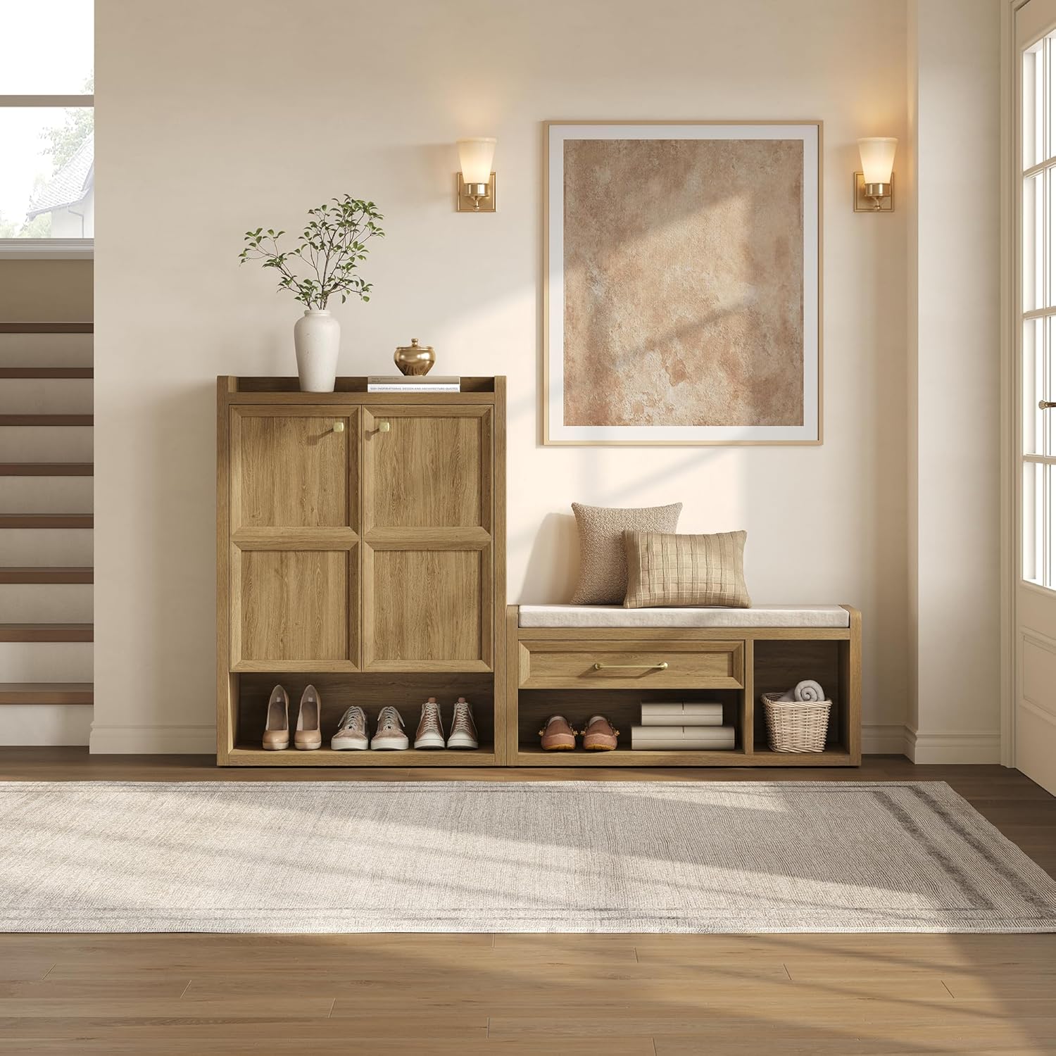 SICOTAS Shoe Bench with Storage, 43.3" Extra Wide Farmhouse Entryway Bench with Cushion, Drawer & Tall Boot Shelf, 18.9" Comfort Height Seat, Large Storage Bench for Bedroom Hallway Mudroom,Brown Oak