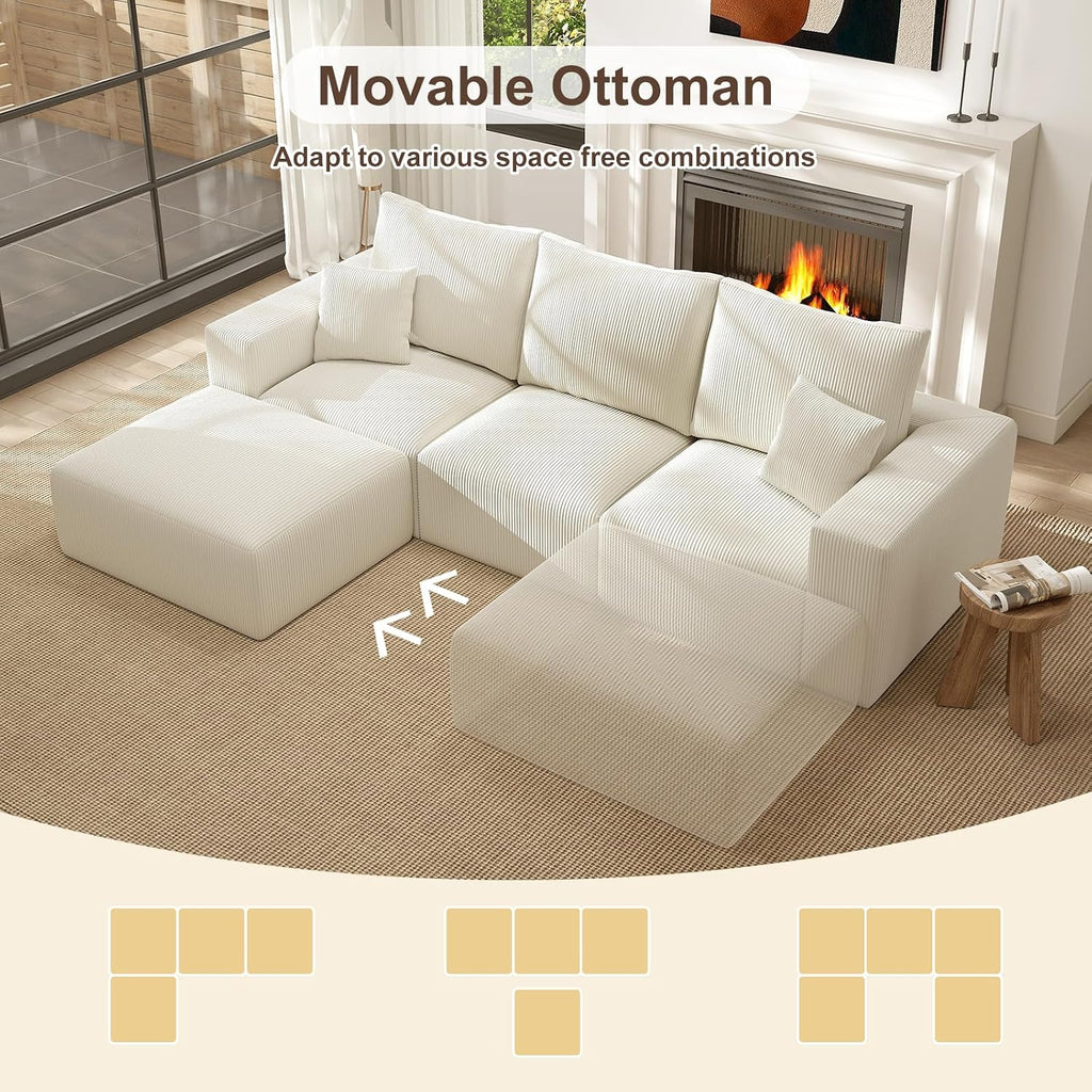 2 Square Cloud Footstool for Living Room, No Assembly Modular Corduroy Convertible Seat, Modern Style Sofa Accessory for Lounge or Bedroom