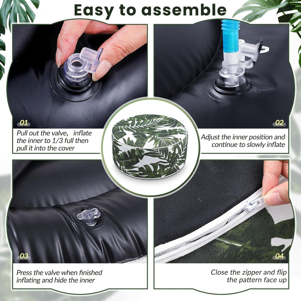 Cinnvoice 2 Pcs Inflatable Outdoor Ottoman Pouf Waterproof Round Footrest with Handle D21 x H9 Inch Indoor Outdoor Portable Footstool for Patio Garden Camping or Home Pool(Leaf)
