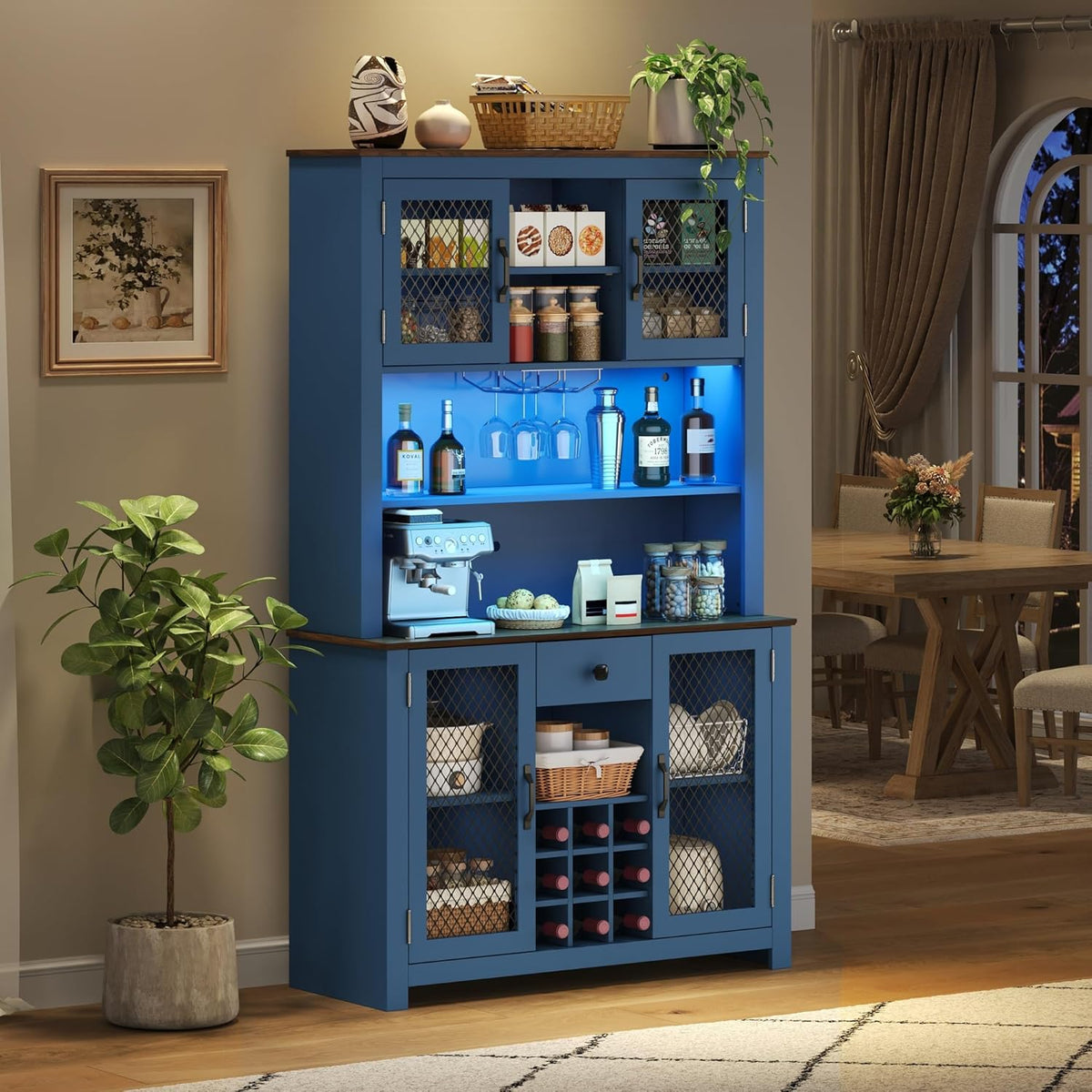 70.9” Farmhouse Kitchen Pantry Cabinet with LED Light & Power Outlets, Rustic Buffet Hutch with Wine Rack Glass Holder Drawer and Adjustable Shelves for Dining Room Coffee Bar Blue