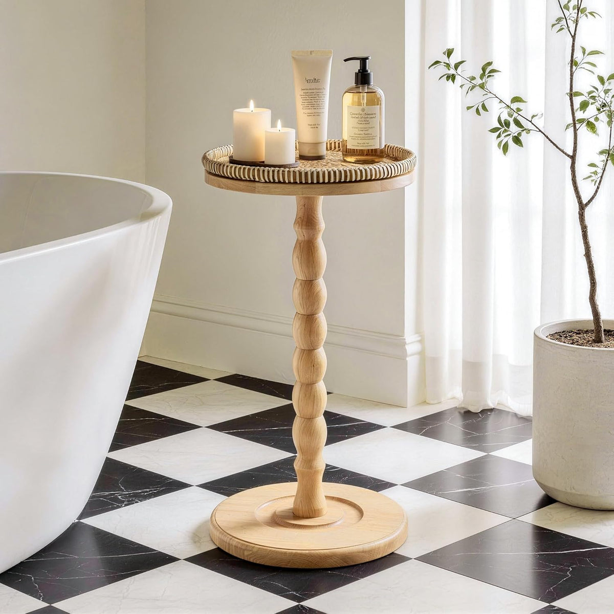 Rattan Round Side Table, Rubberwood‌ Small Drink Table for Small Spaces, Solid Wood Pedestal Coffee Tables, End Tables for Living Room, Sofa Couch, Bedroom, Corners, and Outdoor (Natural)
