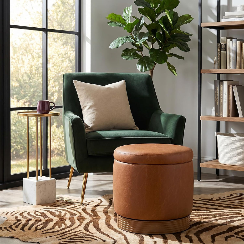 19" Round Swivel Storage Ottoman with Tray Top, Upholstered Faux Leather Foot Stool with Solid Acacia Wood Base 500 lbs Modern Accent Footrest for Living Room & Bedroom Fully Assembled Brown