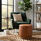 19" Round Swivel Storage Ottoman with Tray Top, Upholstered Faux Leather Foot Stool with Solid Acacia Wood Base 500 lbs Modern Accent Footrest for Living Room & Bedroom Fully Assembled Brown
