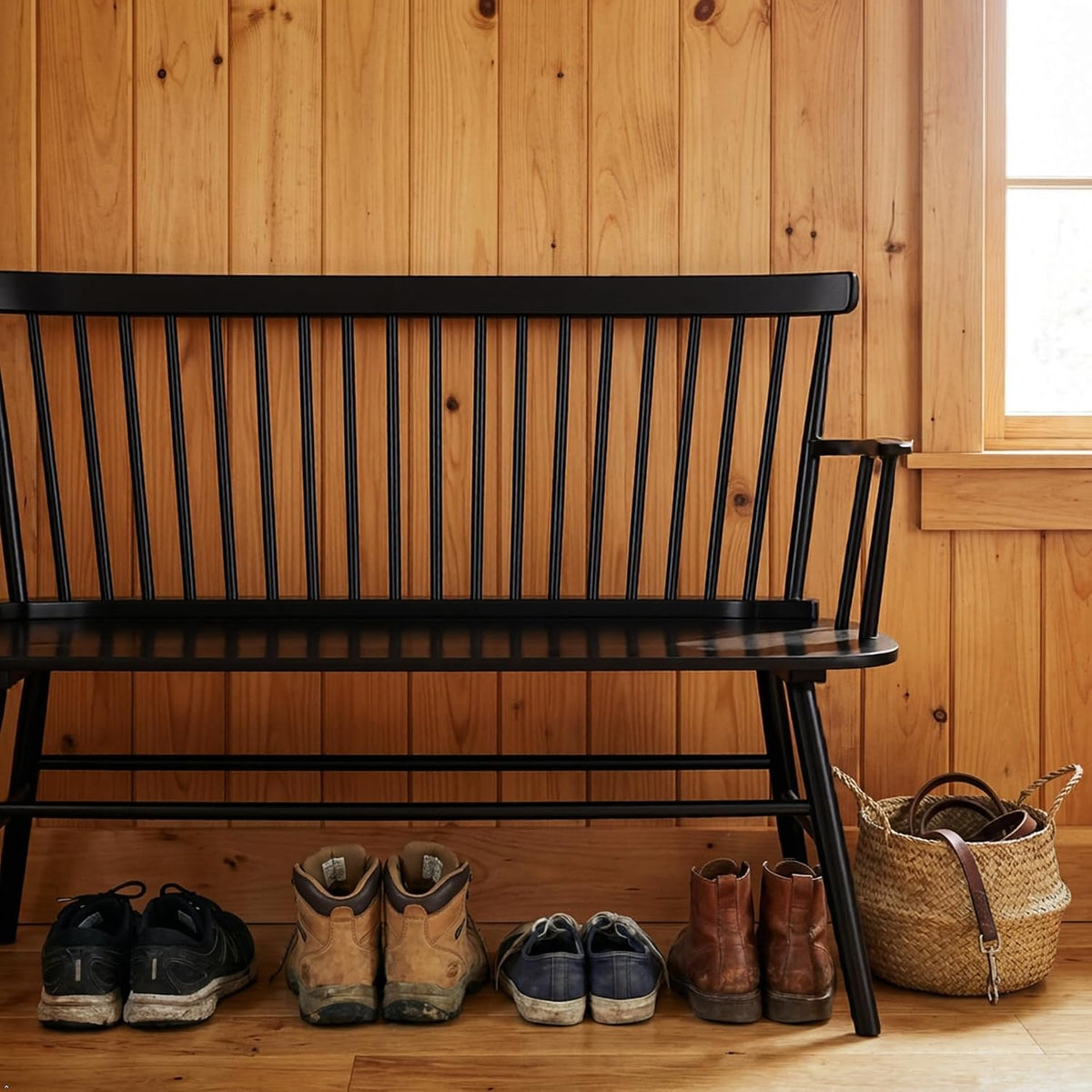 EpiBench Black Windsor Spindleback Bench with Arms, Manufactured Wood, 47.5", 300 LBS Capacity, Entryway Seating