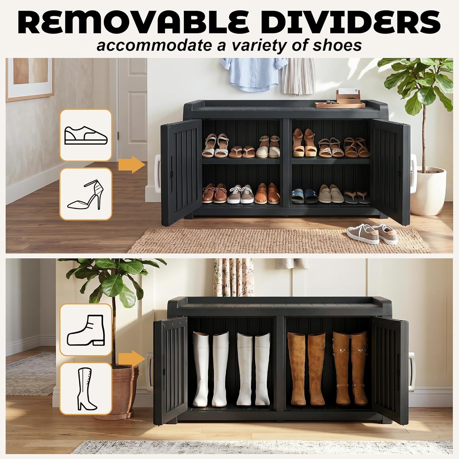 ROJIK Shoe Bench Waterproof UV-Resistant, 2-Tier Storage Cabinet for Outdoor Indoor with Adjustable Shelves, for Entryway Bedroom, Hallway, Living Room(Double Door Premium,Black)