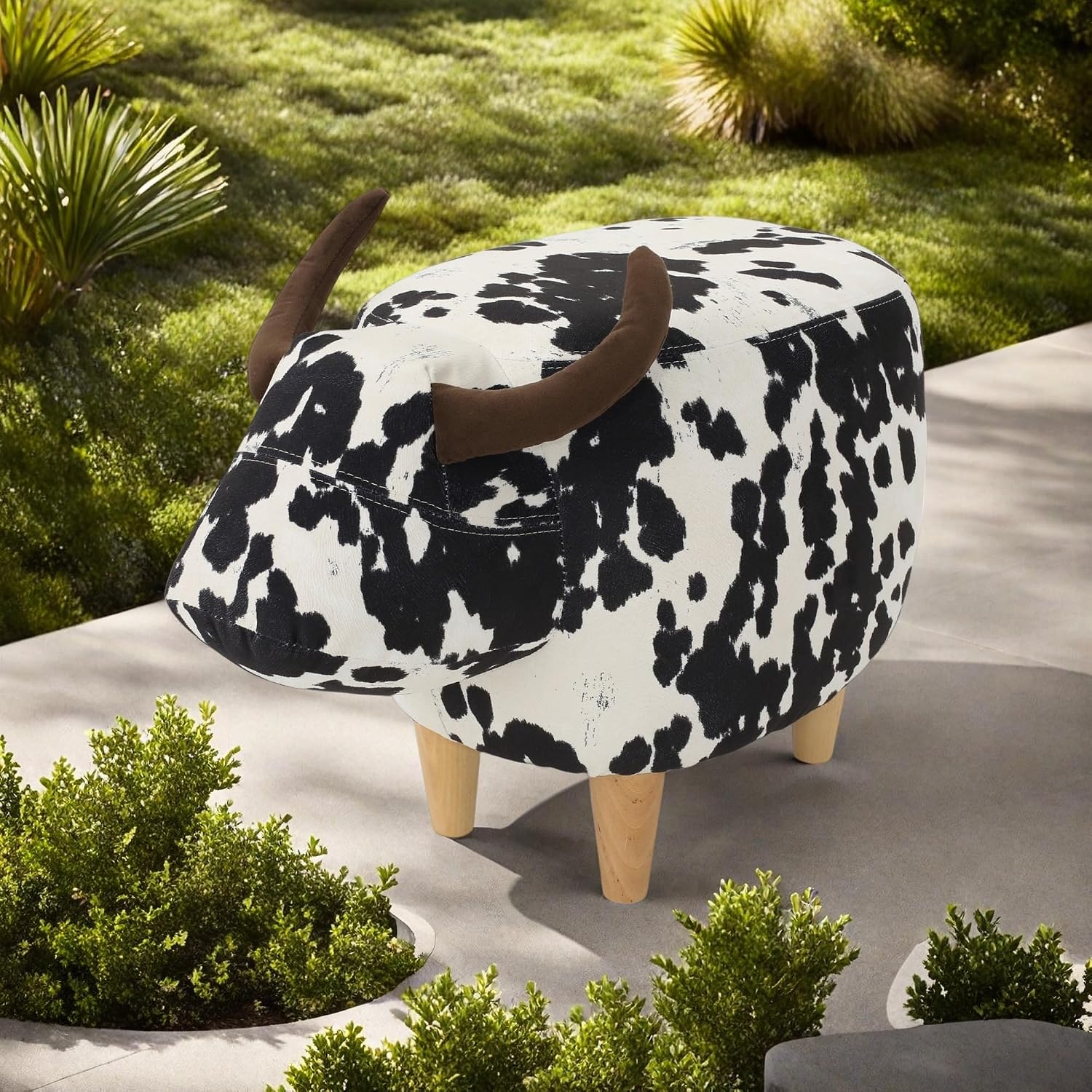 Modern Ottoman, Cow-Shaped Velvet Accent Footstool with Birch Legs for Living Room, Bedroom, Porch, Garden, Balcony Decor, Artsy Animal Print Foot Stool, Cute Foot Rest for Couch Sofa(Black + White