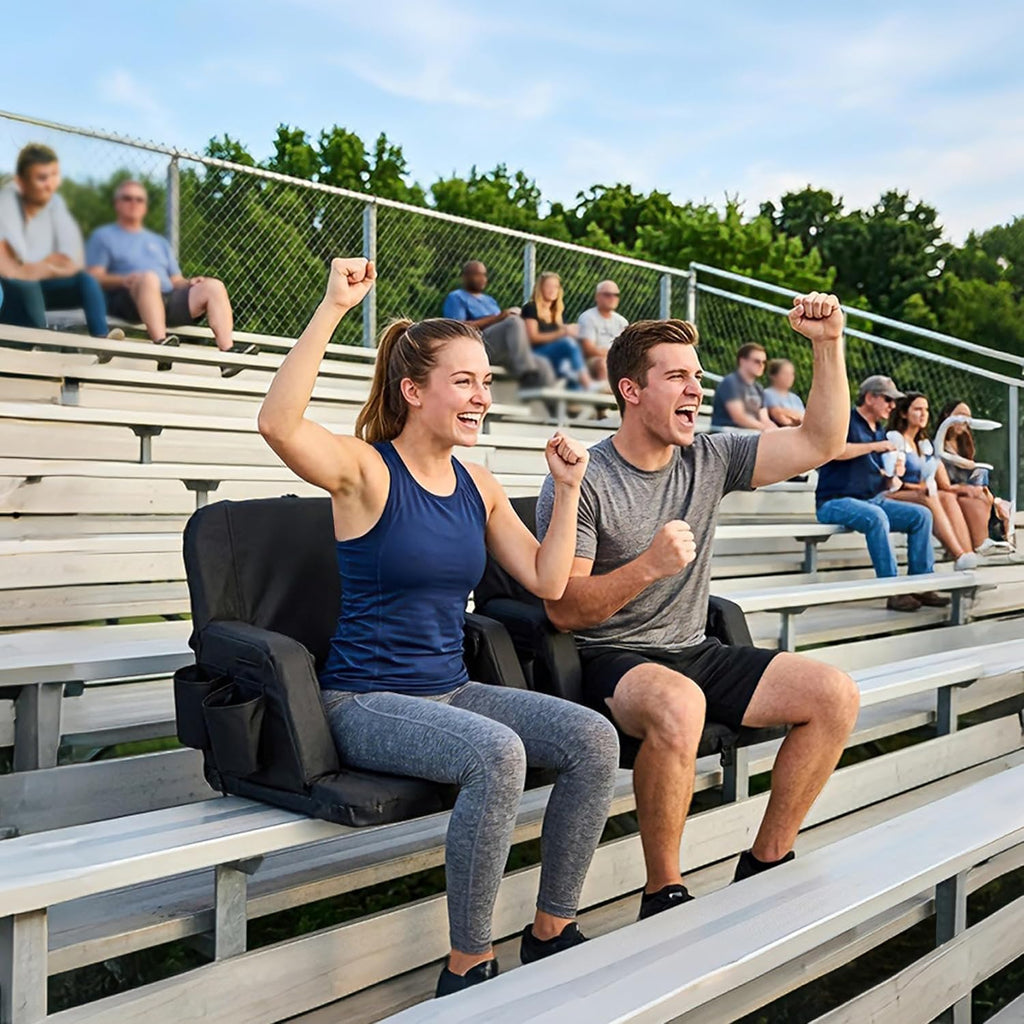 SUNNYFEEL Stadium Seat with Back Support, 4.7" Thick Cushion, 6 Reclining Positions Bleacher Chair with Shoulder Straps, Armrests & Storage Pockets, Non-Slip Strap, Portable for Sports Camping