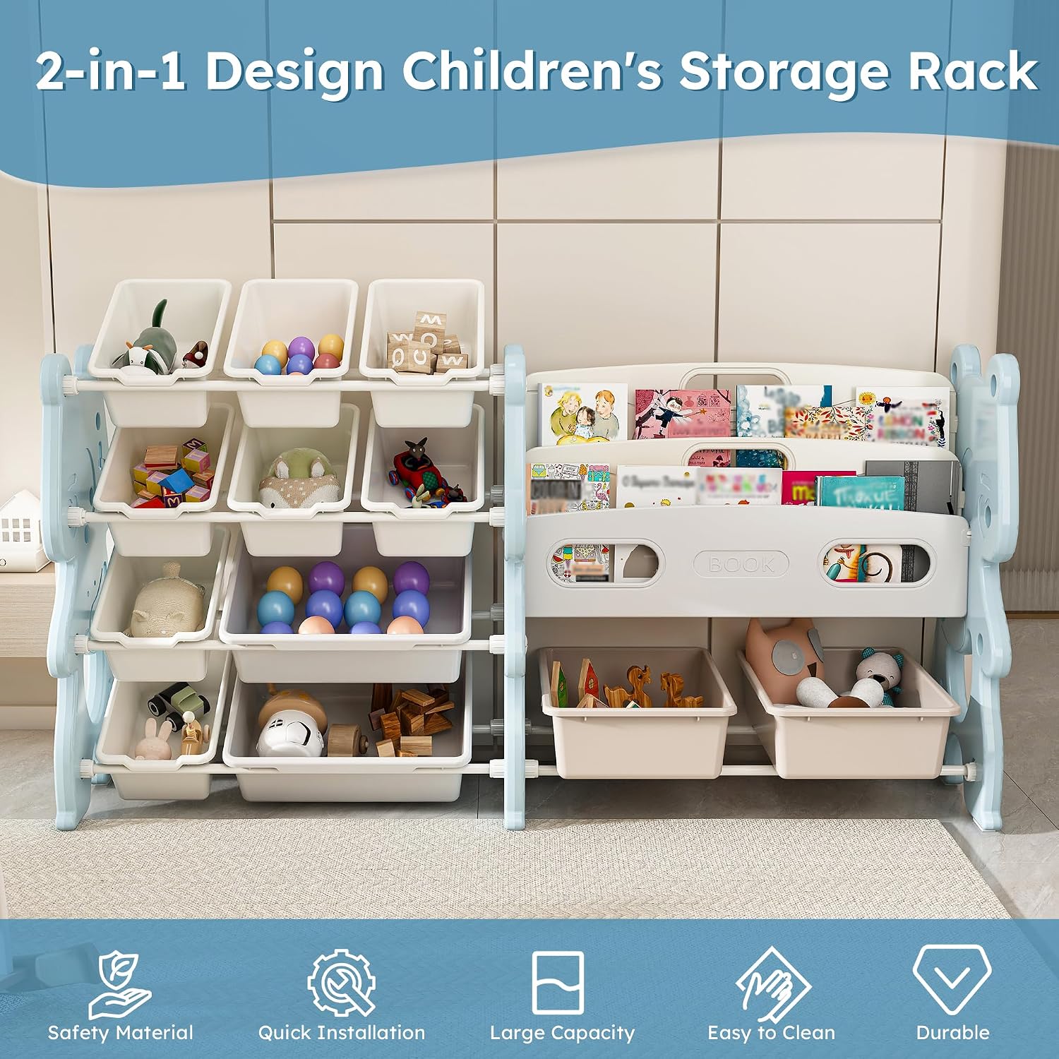 Runboll Kids Toy Storage Organizer with 2 Tier Bookshelf and 12 Bins, Multi-Purpose Children's Toy Shelf Organizer with Bins for Playroom, Bedroom, Nursery, Living Room