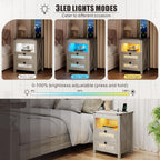 Night Stand with Gun Drawer, Bedside Table with Charger Station & LED Human Sensor Light, Gun Nightstand End Tables Bedroom Living Room, Rustic Grey