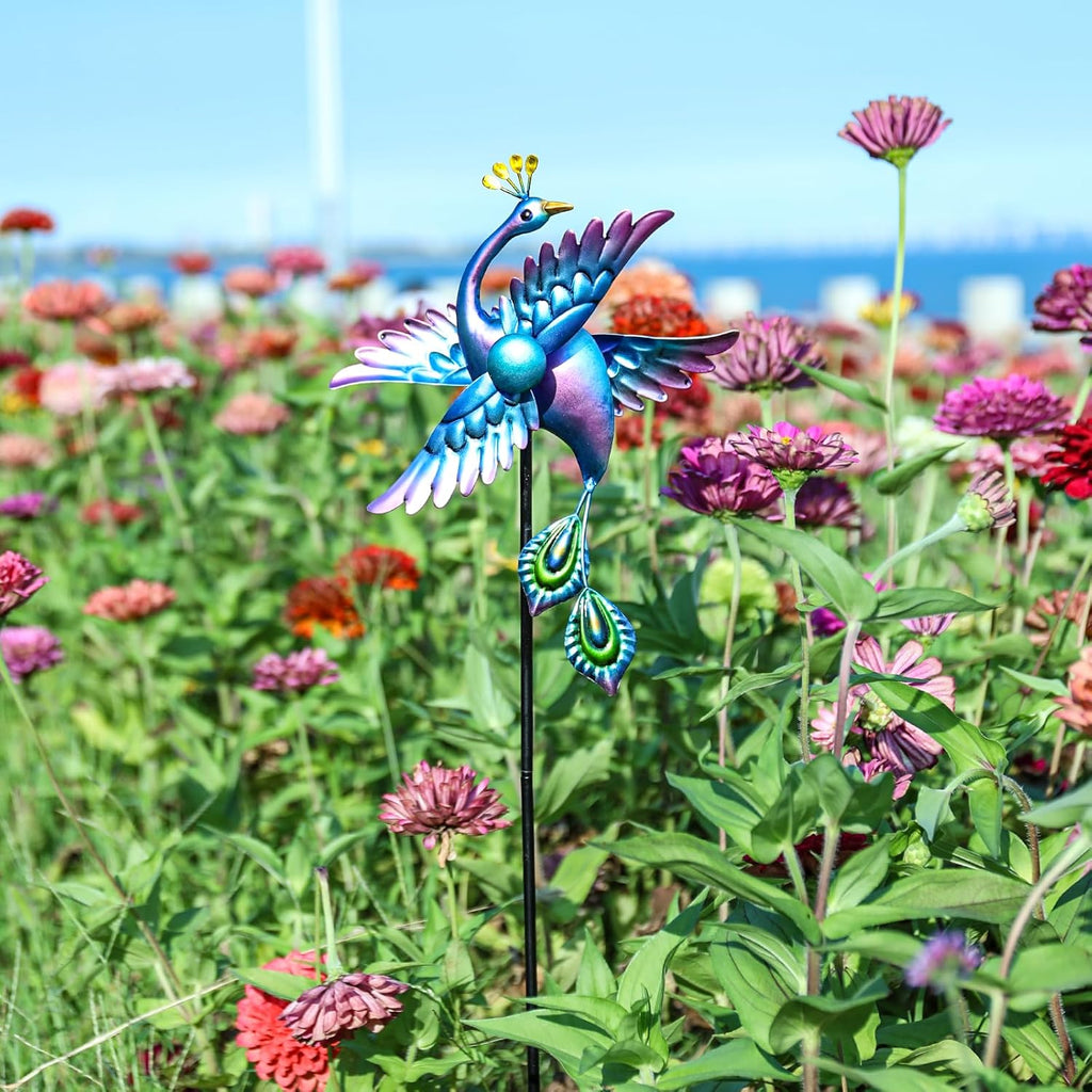 WONDER GARDEN Wind Spinners Outdoor - 2 Pack Small Metal Blue Peacock Wind Spinner Windmill, Wind Sculpture for Yard Patio Lawn Decor
