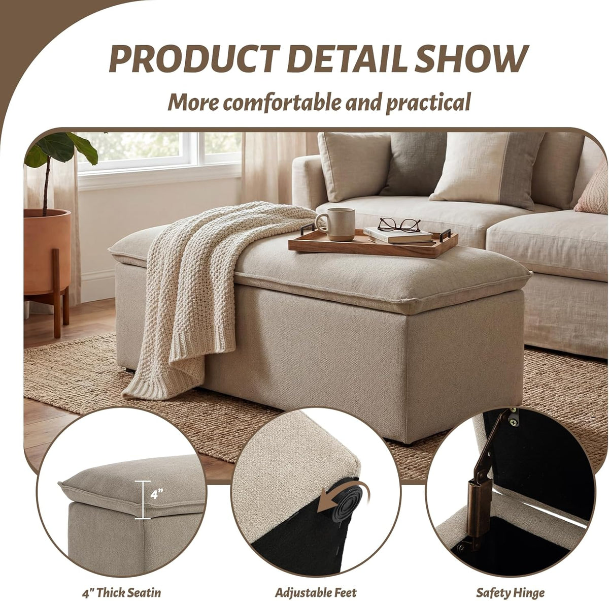 Ya-Home Modern Storage Bench, Upholstered Storage Ottoman Chenille Fabric with Seating Entryway Bench for Bedroom Living Room, Oatmeal