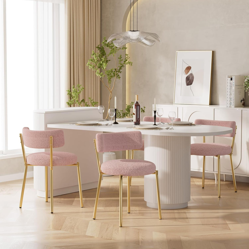 Boucle Dining Chairs Set of 2, Modern Round Upholstered Dining Chairs, Curved Backrest Kitchen Dining Room Chairs, Mid-Century Pink Dining Chair with Golden Metal Legs