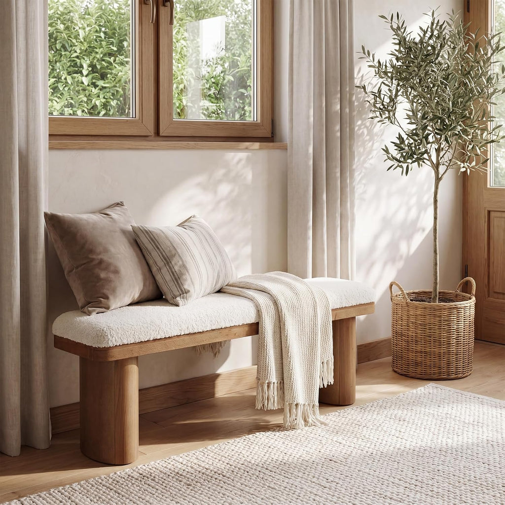 LITTLE TREE 47'' Boucle Upholstered Bench, Modern Solid Fir Entryway Bench with White Boucle Cushion, Farmhouse Wooden Ottoman for Dining Room, Bedroom, Living Room, Brown(Removable Cushion)