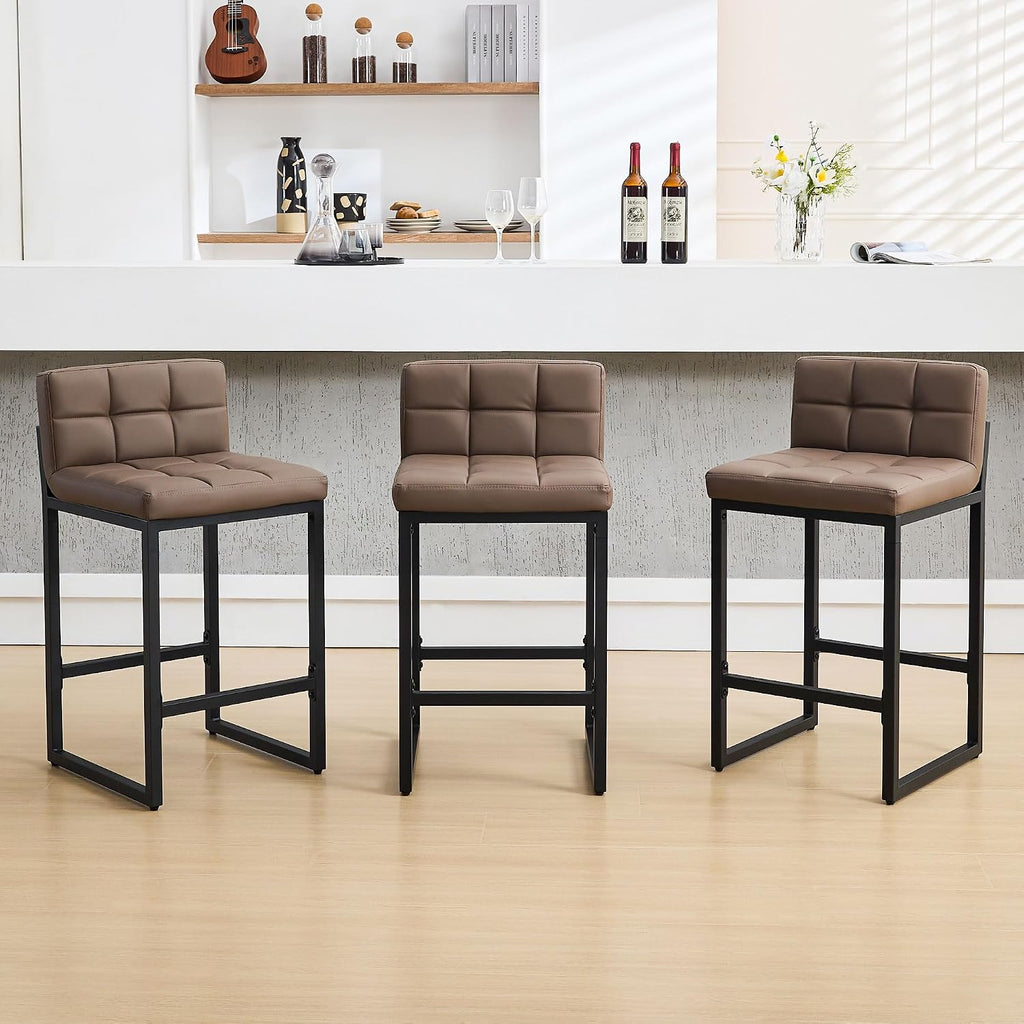 FIRAVOE Bar Stools Set of 3, Upholstered PU Leather Counter Height Barstools with Low Back and Thickened Metal Legs, Modern Chairs for Kitchen Island, Bar (Coffee Brown, 3Pcs 26" Counter Stools)