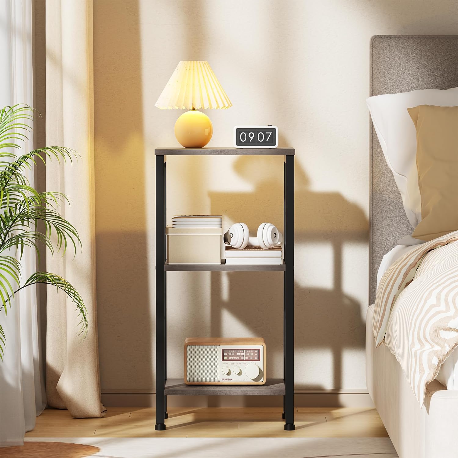 Asgolion Small Grey Side Table, Tall End Table with Adjustable Shelf for Living Room, Grey Nightstand, Accent Table Stand for Home Decor, Office, Greige