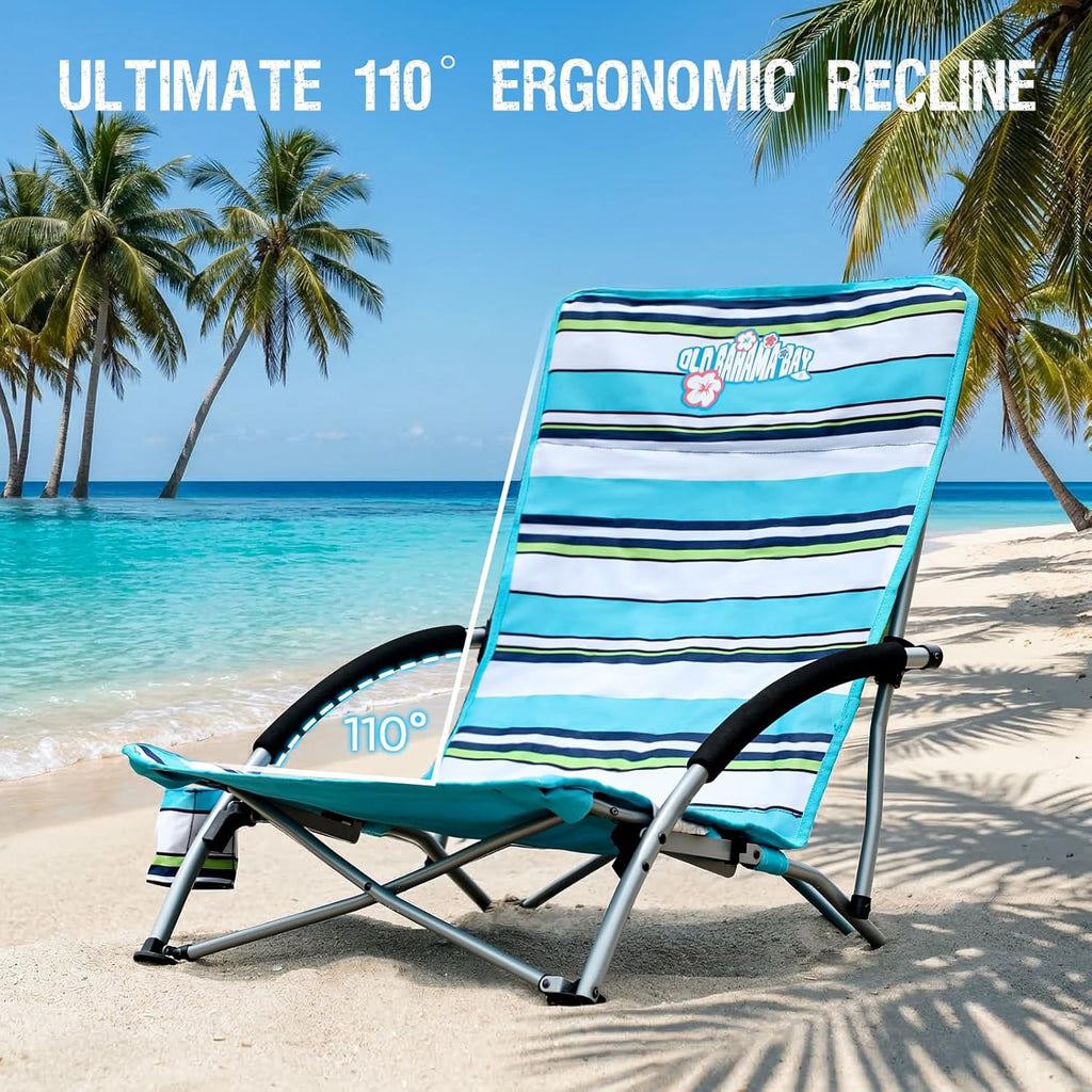 Old Bahama Bay 2 Pack Ergonomic Low Beach Chair for Back Support – Heavy Duty 350lbs Folding Sand Chair, Cup Holder & Carry Bag – Lightweight Portable Seat for Beach, Camping, Concerts,Stripe Design