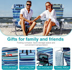 Yestomo Beach Chairs for Adults Heavy Duty, Compact Portable Lay Flat Folding Chair with Backpack Straps and Large Cooler Pouch, Support to 350LBS (2 Pack Stripes_Blue&Cyan)