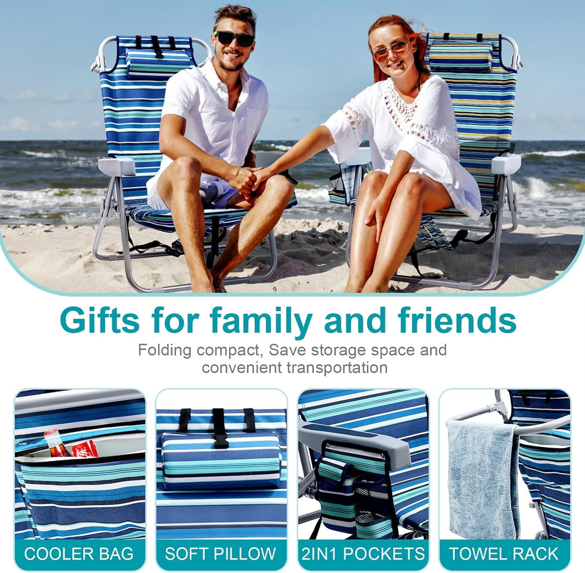 Yestomo Beach Chairs for Adults Heavy Duty, Compact Portable Lay Flat Folding Chair with Backpack Straps and Large Cooler Pouch, Support to 350LBS (2 Pack Stripes_Blue&Cyan)