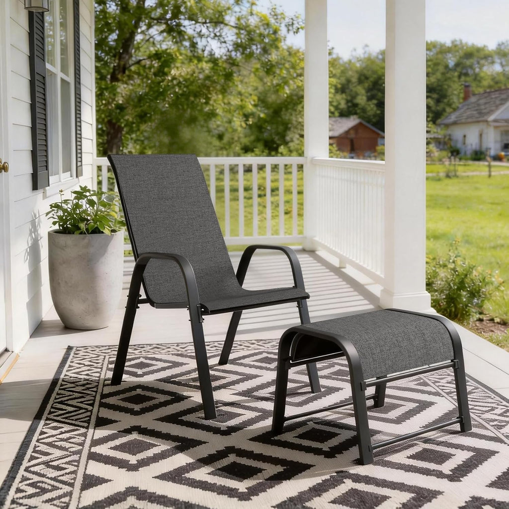 Outdoor Patio Ottoman Set of 2 with Metal Frame, Textilene Fabric Small Seating, All Weather Foot Stool Stackable Resistant for Outdoor Foot Rest for Furniture Patio Garden Pool(2, Black)