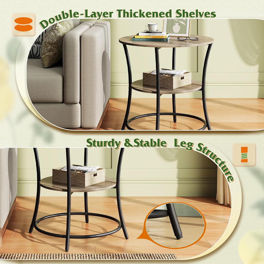 WLIVE Side Table, Round End Table with 2 Storage Shelves for Living Room, Bedroom, Nightstand with Steel Frame for Small Spaces, Accent Coffee Table, Light Grey