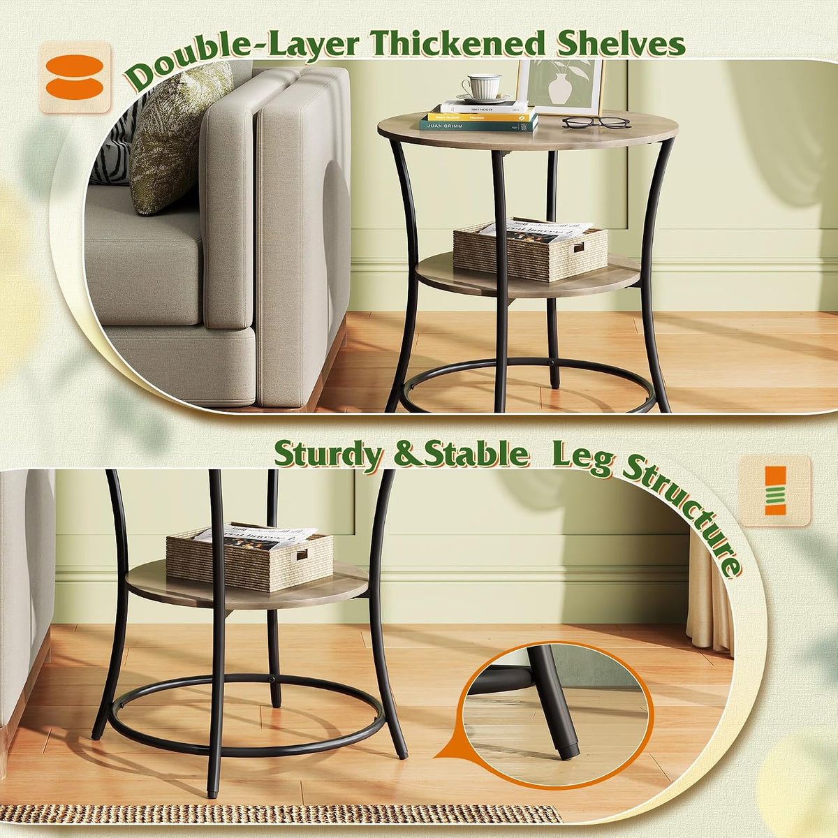 WLIVE Side Table, Round End Table with 2 Storage Shelves for Living Room, Bedroom, Nightstand with Steel Frame for Small Spaces, Accent Coffee Table, Light Grey