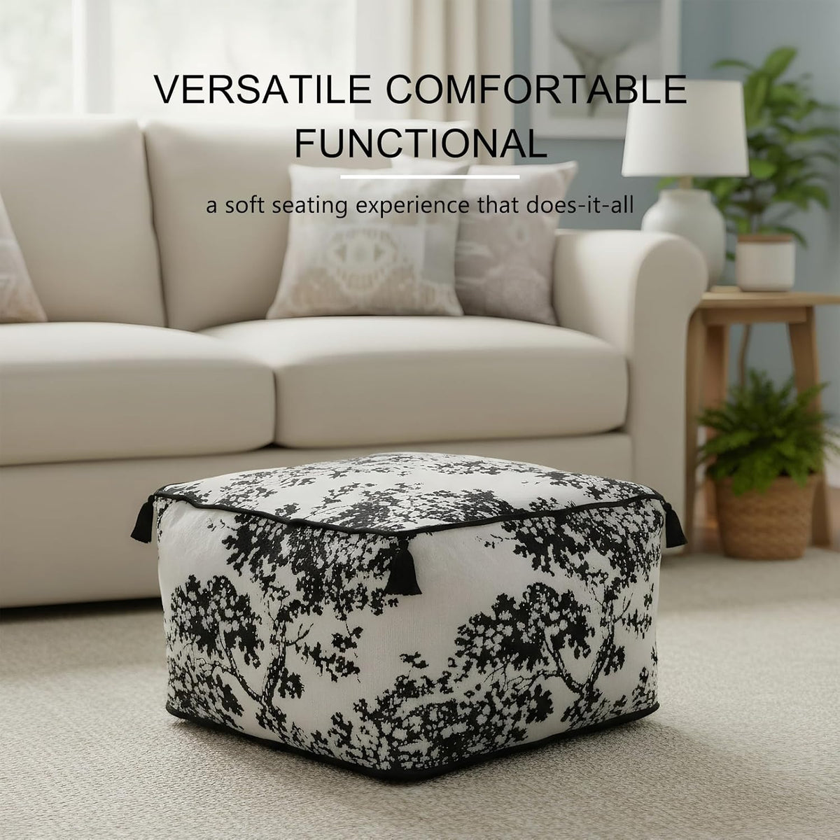 Chenille Square Pouf Ottoman - Foot Stool for Living Room & Bedroom | Soft ottoman with tassels. Removable cover. High-resilience foam. Flannelette base. Tree decor. Step for dogs. 19.7x11.8in