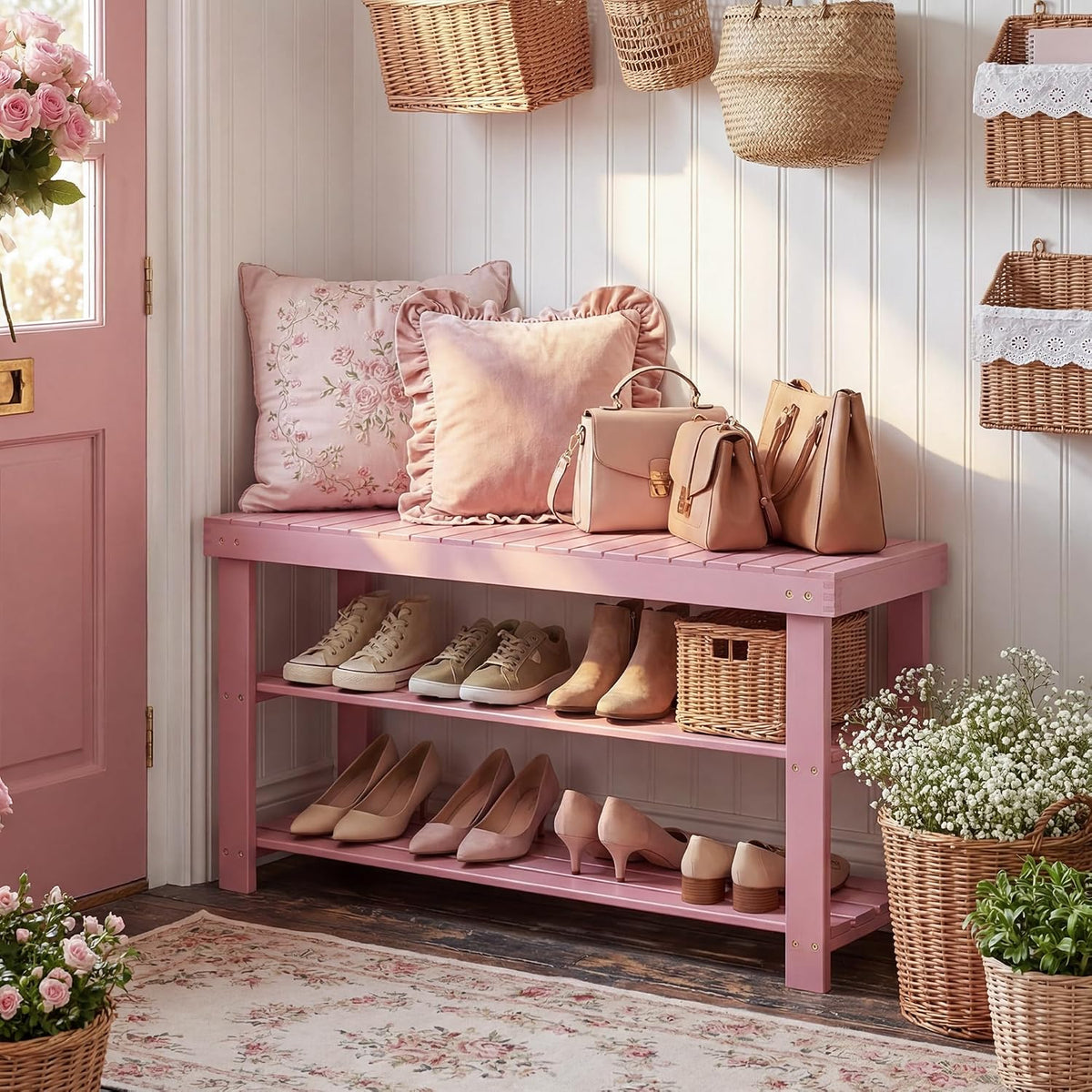 SMIBUY Bamboo Shoe Rack Bench, 3-Tier Shoe Organizer Storage Shelf for Entryway Hallway Bathroom Living Room (Pink)