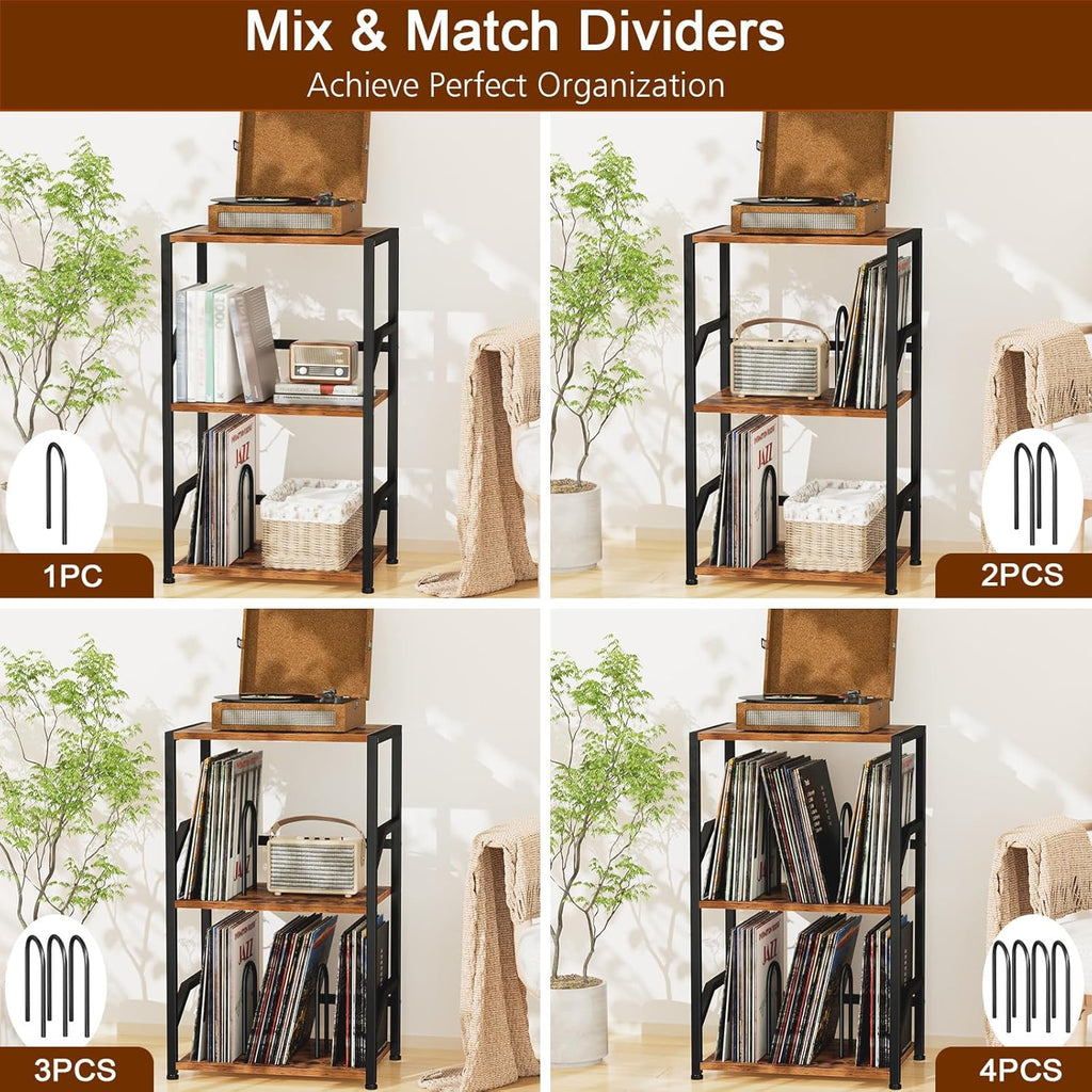LOAKEKEL Record Player Stand, Vinyl Record Storage Up to 200 Albums, 3 Tier End Table with Removable Dividers, Tall Side Table for Living Room, Bedroom, Rustic Brown, HETCD010BR-1