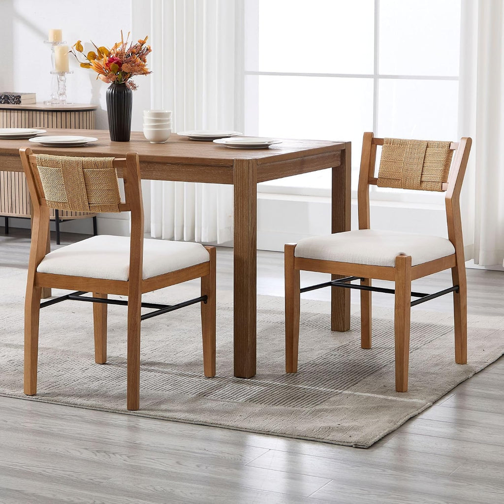 BESTANO Modern Armless Dining Chairs with Rope Woven Back Set of 2, Beige Linen Fabric Upholstered Kitchen & Dining Room Chairs, Mid-Century Classic Farmhouse Wooden Side Chair