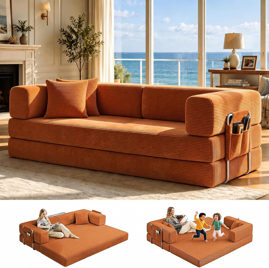 GEARIVY Folding Sofa Bed Convertable Corduroy Couch King Size Floor Sleeper 4-in-1 DIY Combination Modular Sofa Fold Out Futon Lounge Comfy Foldable Lazy cama for Living Room