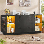 SEDETA 55" File Cabinet with Lock, Large 3 Drawers Filing Cabinets for Home Office, Lockable Printer Stand with Storage, Power Strip, LED Light & Pegboard, Black