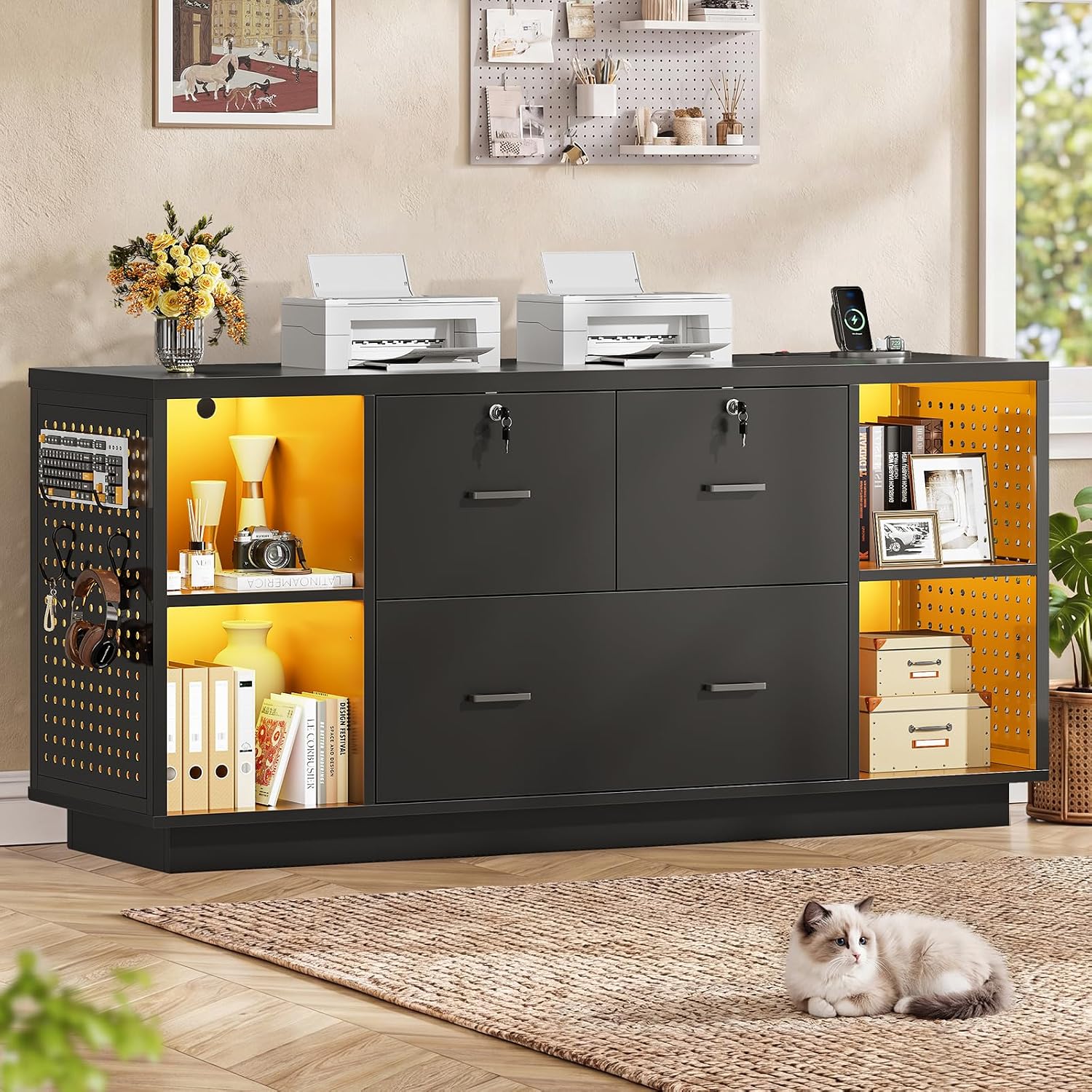 SEDETA 55" File Cabinet with Lock, Large 3 Drawers Filing Cabinets for Home Office, Lockable Printer Stand with Storage, Power Strip, LED Light & Pegboard, Black