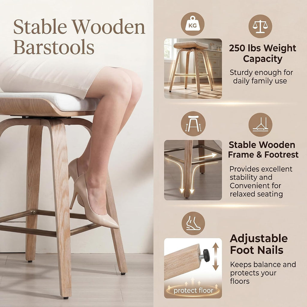 HNY 26" Swivel Bar Stools Set of 4, Backless Counter Height Bar Stools with Removable Linen Cushion, 360° Swivel Wooden Saddle Stools with Footrest for Kitchen Island, Home Bar & Small Spaces