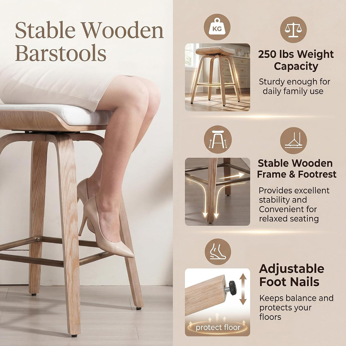 HNY 26" Swivel Bar Stools Set of 4, Backless Counter Height Bar Stools with Removable Linen Cushion, 360° Swivel Wooden Saddle Stools with Footrest for Kitchen Island, Home Bar & Small Spaces