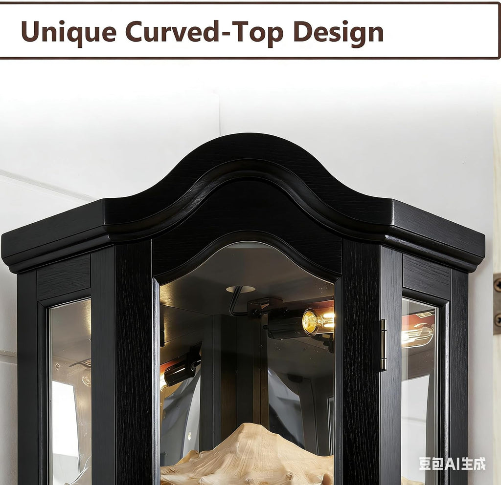 70" Lighted Corner Curio Cabinet,Inside Mirror Corner Glass Display Case with Tempered Glass Door for Living Room, Antique Collectibles, Wine & Bar Glass Storage, Lights Included