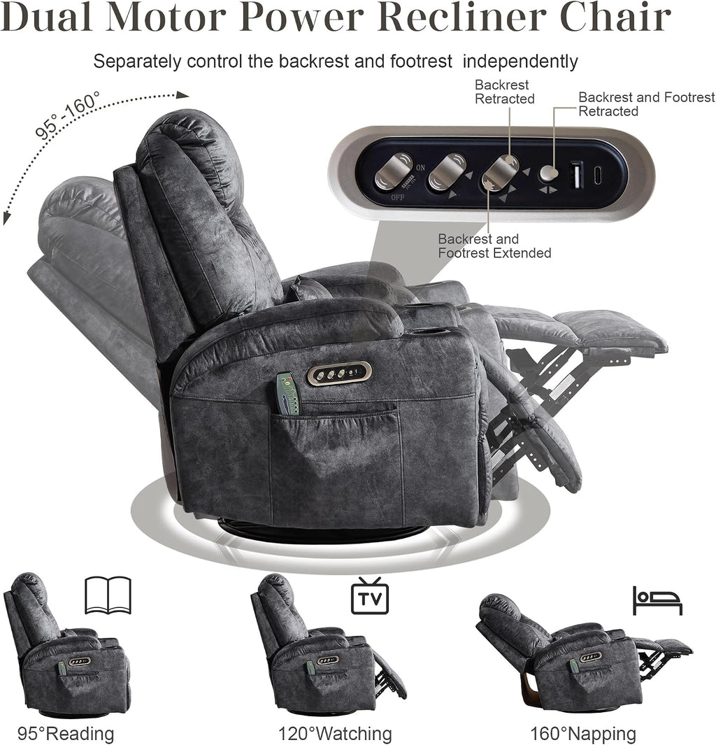 AHMED Dual Motor Power Swivel Rocker Recliner Chair, Velvet Grey | Electric Glider Rocking Chair, Massage & Heat, Cup Holders, LED Lights, USB A/USB C Ports