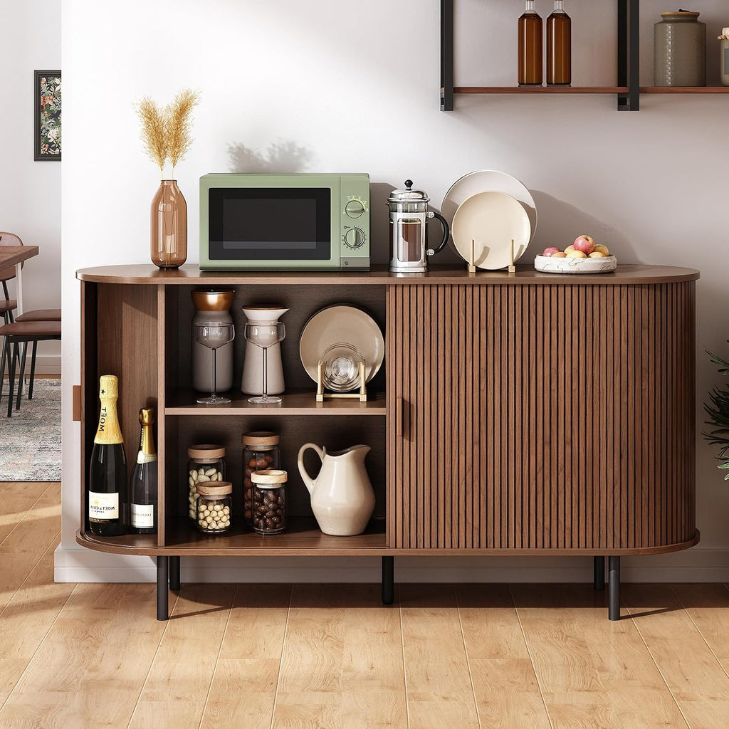 ONBRILL 55" Sideboard Buffet Cabinet with Storage, Sliding Door & Adjustable Shelf, Modern Accent Coffee Bar Console Table for Kitchen, Entryway, Walnut