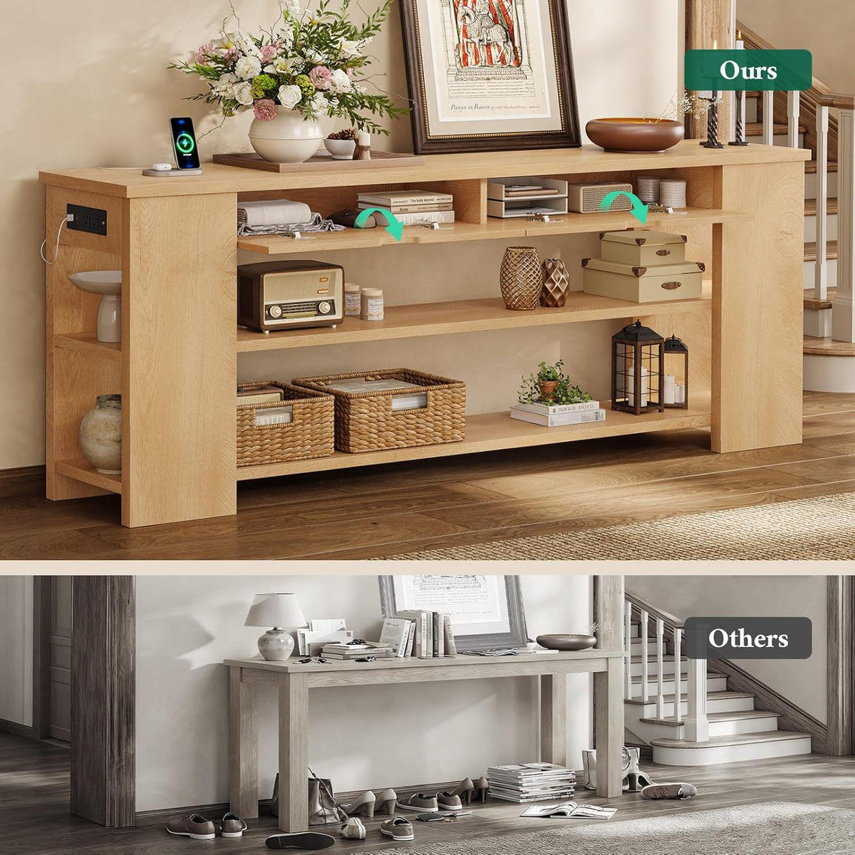 71.8 Inch Extra Long Console Table with Drawers, Farmhouse Long Console Table with Shelves & Built-in Outlets, Entryway Table with Storage for Living Room, Entryway, Hallway, Natural