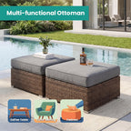 SUNBURY 2 Piece Outdoor Wicker Patio Ottoman Set, 30" Large Square Footrest with Thick Removable Cushion, All-Weather PE Rattan Stool for Backyard Poolside Porch, Grey