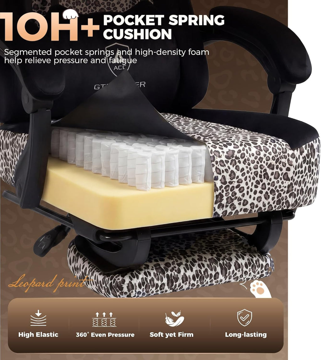GTPLAYER Gaming Chair with Leopard Print Cat, Cute Velvet Fabric Ergonomic Office Chair with Footrest Headrest and Lumbar Support, Big and Tall Comfortable Video Gamer Chair for Women Gift