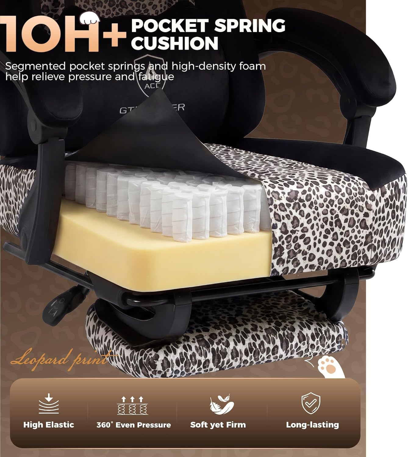 GTPLAYER Gaming Chair with Leopard Print Cat, Cute Velvet Fabric Ergonomic Office Chair with Footrest Headrest and Lumbar Support, Big and Tall Comfortable Video Gamer Chair for Women Gift