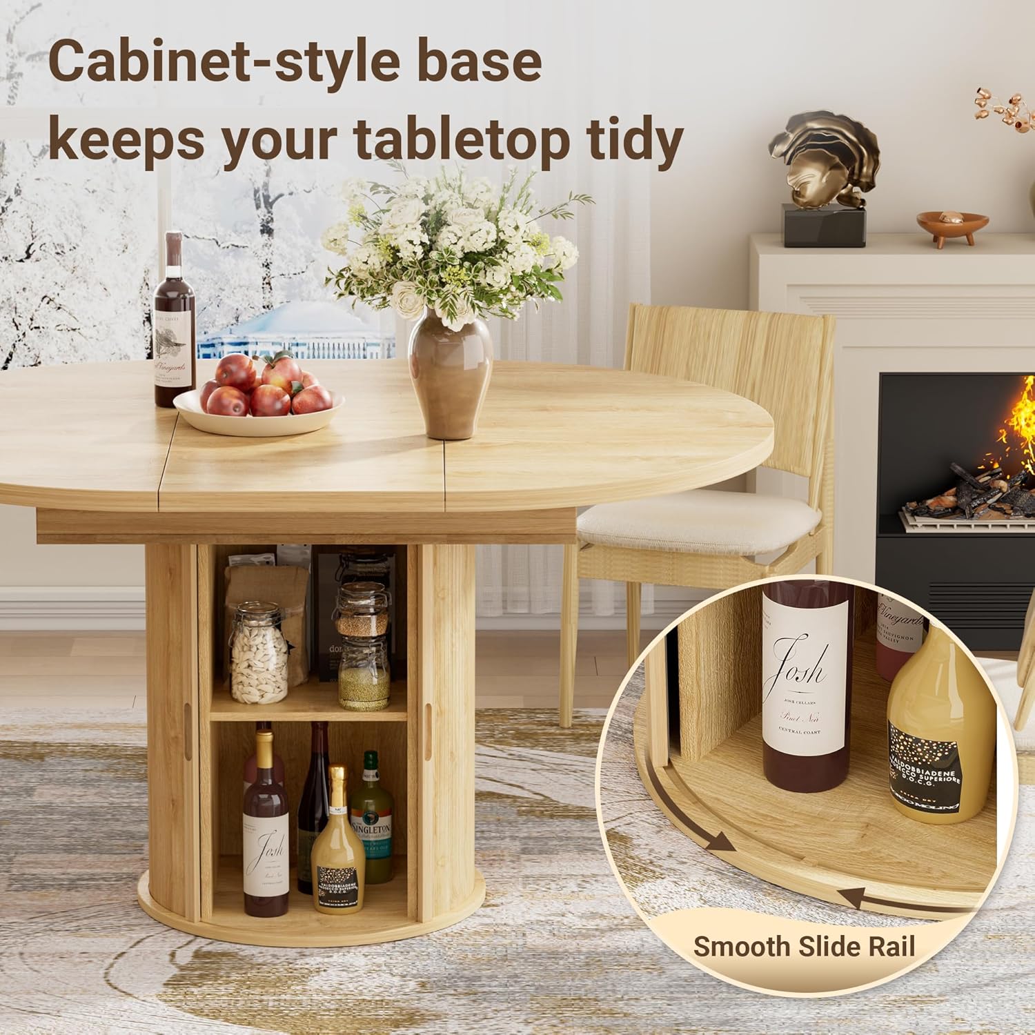 40-55in Extendable Round Table for 4-6, Multi-Use Oval Dining Table with Hidden Storage, Expandable Kitchen Table with Fluted Sliding Door Cabinet for Dining Room,Apartment or Meeting Room