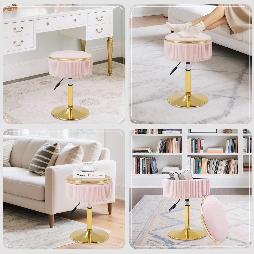 Adjustable Vanity Stool with Storage, 360° Swivel Makeup Stool Chair Small Velvet Round Ottoman with Gold Base for Bedroom, Pink