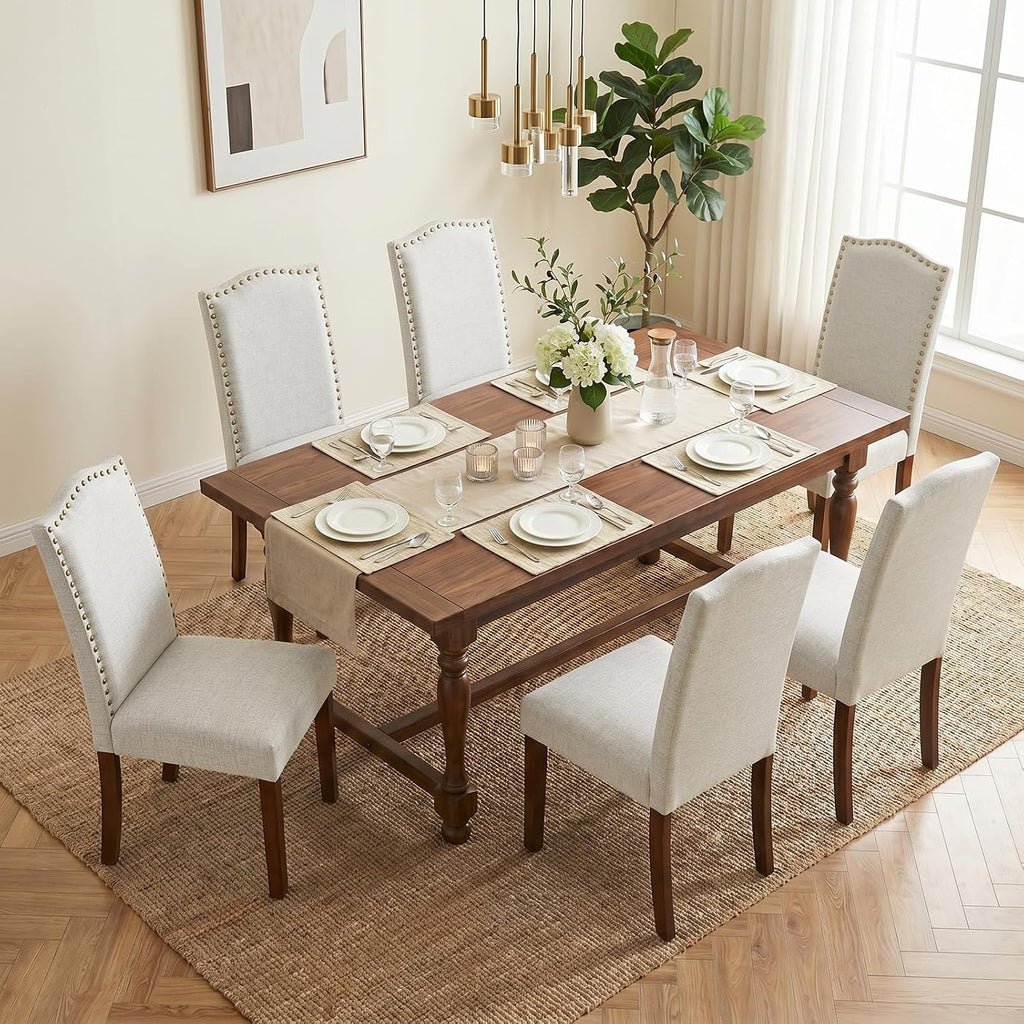 Upholstered Dining Chair Set of 6, Farmhouse Fabric Kitchen Chair | Modern, Padded Seat, Solid Wood Legs, High Back, Nailhead Trim, Living Room, Restaurant, Hotel, Beige