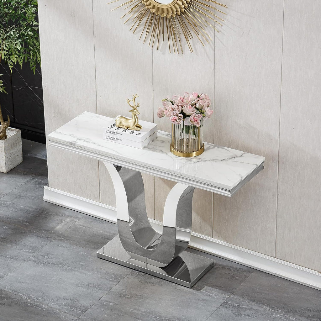 SSLine Modern White Faux Marble Console Table Luxury Entryway Table with Silver Pedestal Base 46.8" Mid-Century Elegant Sofa Table w/Mirrored Stainless Steel Frame for Living Room Hallway