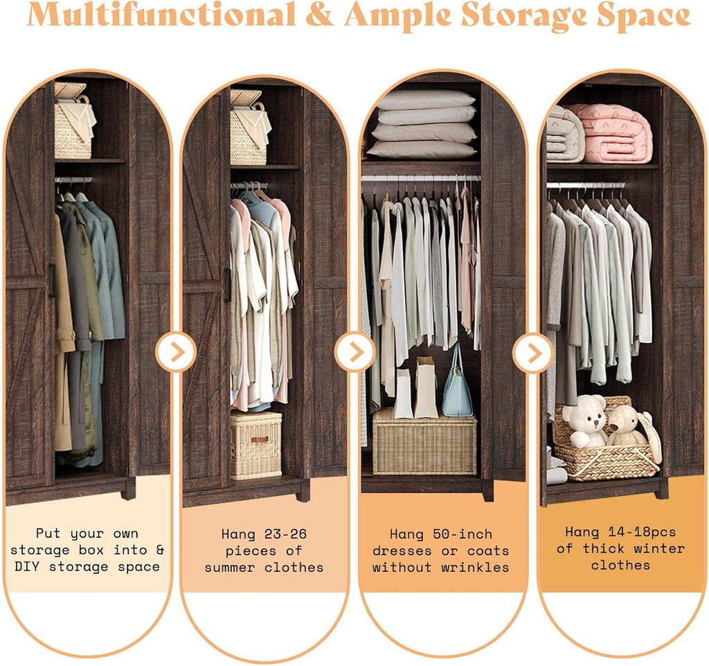 LUXOAK 70" Large Farmhouse Wardrobe Closet with Hanging Rod & Barn Doors | Wooden Bedroom Armoires with Shelf, Organized Wardrobe Cabinet for Clothing, Anti-Tip Kit, Tall Closet, Espresso