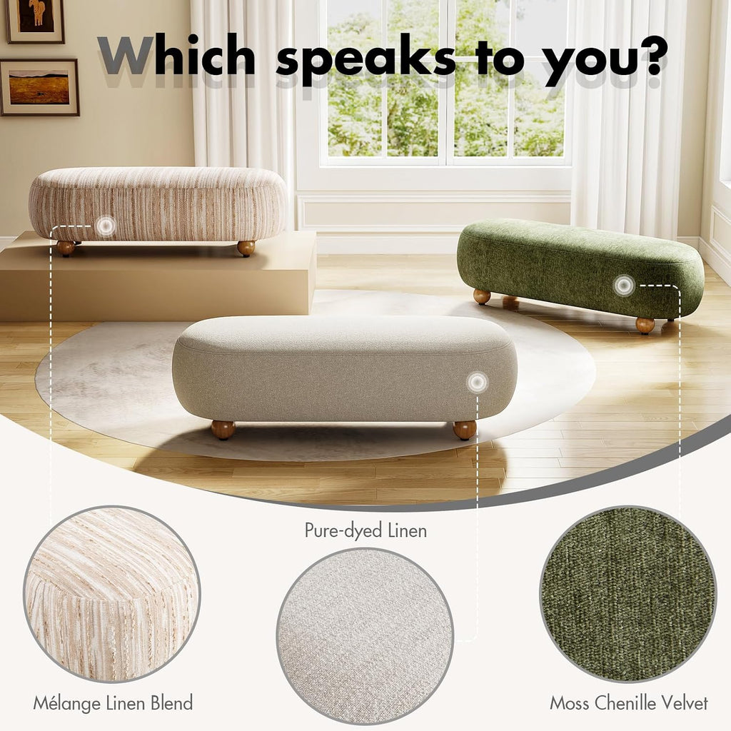 Hyfirm 54" End of Bed Bench, Upholstered Bedroom Ottoman Bench with Solid Wood Round Legs, Modern Oval Bench for Queen & King Beds, Entryway, Living Room, Hallway, Beige Linen Seat